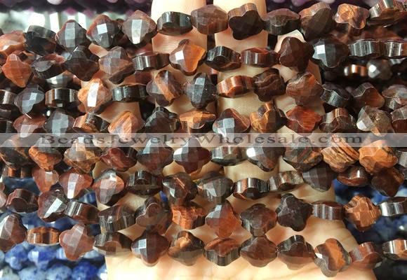 FGBS227 15 inches 10mm faceted four leaf clover red tiger eye beads wholesale