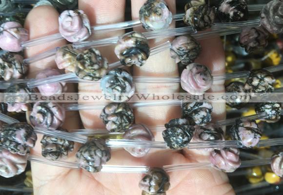 FGBS47 15 inches 10mm carved rose flower rhodonite beads wholesale