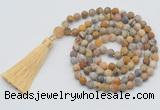 GMN1004 Hand-knotted 8mm, 10mm matte yellow crazy agate 108 beads mala necklaces with tassel