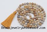 GMN1006 Hand-knotted 8mm, 10mm matte fossil coral 108 beads mala necklaces with tassel