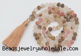 GMN1022 Hand-knotted 8mm, 10mm matte volcano cherry quartz 108 beads mala necklaces with tassel