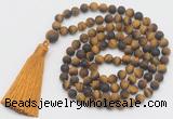 GMN1032 Hand-knotted 8mm, 10mm matte yellow tiger eye 108 beads mala necklace with tassel