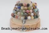 GMN1150 Hand-knotted 8mm, 10mm mixed gemstone 108 beads mala necklaces with charm