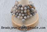 GMN1185 Hand-knotted 8mm, 10mm bamboo leaf agate 108 beads mala necklaces with charm