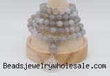 GMN1189 Hand-knotted 8mm, 10mm grey banded agate 108 beads mala necklaces with charm