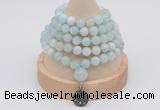 GMN1192 Hand-knotted 8mm, 10mm sea blue banded agate 108 beads mala necklaces with charm