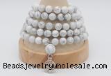 GMN1245 Hand-knotted 8mm, 10mm white howlite 108 beads mala necklaces with charm