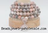 GMN1262 Hand-knotted 8mm, 10mm pink zebra jasper 108 beads mala necklaces with charm