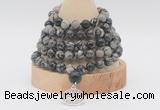 GMN1265 Hand-knotted 8mm, 10mm black water jasper 108 beads mala necklaces with charm