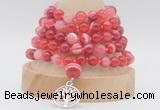 GMN1273 Hand-knotted 8mm, 10mm red banded agate 108 beads mala necklaces with charm