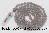 GMN1416 Hand-knotted 8mm, 10mm grey agate 108 beads mala necklace with pendant