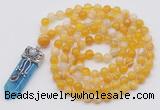 GMN1421 Hand-knotted 8mm, 10mm yellow banded agate 108 beads mala necklace with pendant