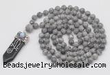 GMN1444 Hand-knotted 8mm, 10mm grey picture jasper 108 beads mala necklace with pendant