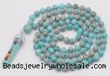 GMN1450 Hand-knotted 8mm, 10mm sea sediment jasper 108 beads mala necklace with pendant