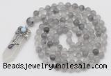 GMN1457 Hand-knotted 8mm, 10mm cloudy quartz 108 beads mala necklace with pendant