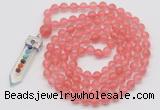 GMN1458 Hand-knotted 8mm, 10mm cherry quartz 108 beads mala necklace with pendant