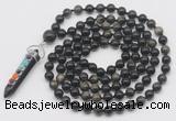 GMN1475 Hand-knotted 8mm, 10mm golden obsidian 108 beads mala necklace with pendant