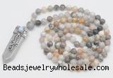 GMN1522 Hand-knotted 8mm, 10mm bamboo leaf agate 108 beads mala necklace with pendant