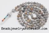 GMN1523 Hand-knotted 8mm, 10mm silver needle agate 108 beads mala necklace with pendant