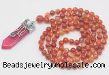 GMN1527 Hand-knotted 8mm, 10mm red banded agate 108 beads mala necklace with pendant