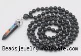 GMN1529 Hand-knotted 8mm, 10mm black banded agate 108 beads mala necklace with pendant