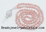 GMN1553 Knotted 8mm, 10mm Chinese pink opal 108 beads mala necklace with pendant