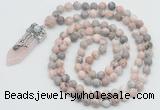 GMN1555 Knotted 8mm, 10mm pink zebra jasper 108 beads mala necklace with pendant