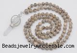 GMN1557 Knotted 8mm, 10mm feldspar 108 beads mala necklace with pendant