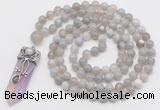 GMN1558 Knotted 8mm, 10mm grey banded agate 108 beads mala necklace with pendant