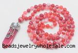 GMN1559 Knotted 8mm, 10mm red banded agate 108 beads mala necklace with pendant