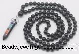 GMN1561 Knotted 8mm, 10mm black obsidian 108 beads mala necklace with pendant