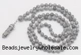 GMN1652 Hand-knotted 6mm grey picture jasper 108 beads mala necklaces with pendant