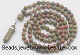 GMN1664 Hand-knotted 6mm unakite 108 beads mala necklaces with pendant