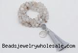 GMN1751 Knotted 8mm, 10mm montana agate 108 beads mala necklace with tassel & charm