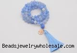 GMN1753 Knotted 8mm, 10mm blue banded agate 108 beads mala necklace with tassel & charm