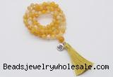 GMN1755 Knotted 8mm, 10mm yellow banded agate 108 beads mala necklace with tassel & charm