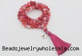 GMN1756 Knotted 8mm, 10mm red banded agate 108 beads mala necklace with tassel & charm