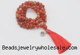 GMN1757 Knotted 8mm, 10mm red banded agate 108 beads mala necklace with tassel & charm