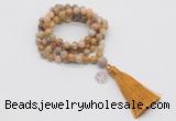 GMN1767 Knotted 8mm, 10mm fossil coral 108 beads mala necklace with tassel & charm