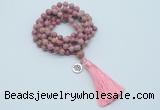 GMN1768 Knotted 8mm, 10mm pink fossil jasper 108 beads mala necklace with tassel & charm