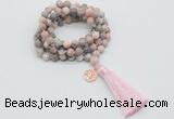 GMN1770 Knotted 8mm, 10mm pink zebra jasper 108 beads mala necklace with tassel & charm