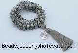 GMN1777 Knotted 8mm, 10mm dalmatian jasper 108 beads mala necklace with tassel & charm