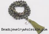 GMN1780 Knotted 8mm, 10mm dragon blood jasper 108 beads mala necklace with tassel & charm