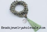 GMN1791 Knotted 8mm, 10mm rhyolite 108 beads mala necklace with tassel & charm