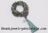 GMN1792 Knotted 8mm, 10mm African turquoise 108 beads mala necklace with tassel & charm