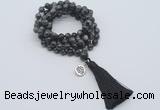 GMN1795 Knotted 8mm, 10mm black labradorite 108 beads mala necklace with tassel & charm