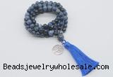 GMN1798 Knotted 8mm, 10mm dumortierite 108 beads mala necklace with tassel & charm