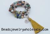 GMN1803 Knotted 8mm, 10mm colorful gemstone 108 beads mala necklace with tassel & charm