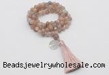 GMN1805 Knotted 8mm, 10mm moonstone 108 beads mala necklace with tassel & charm