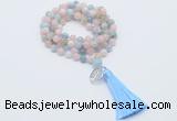 GMN1806 Knotted 8mm, 10mm morganite 108 beads mala necklace with tassel & charm